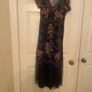Sheer Embroidered Maxi Dress over black slip dress, size PM